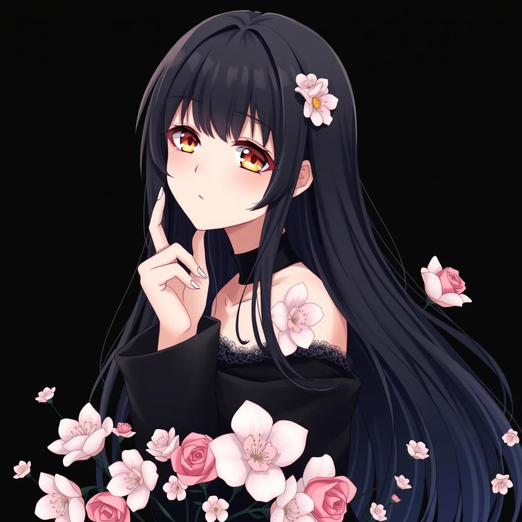 An anime beautiful girl with long black hair and striking hazel eyes, set against a deep black background