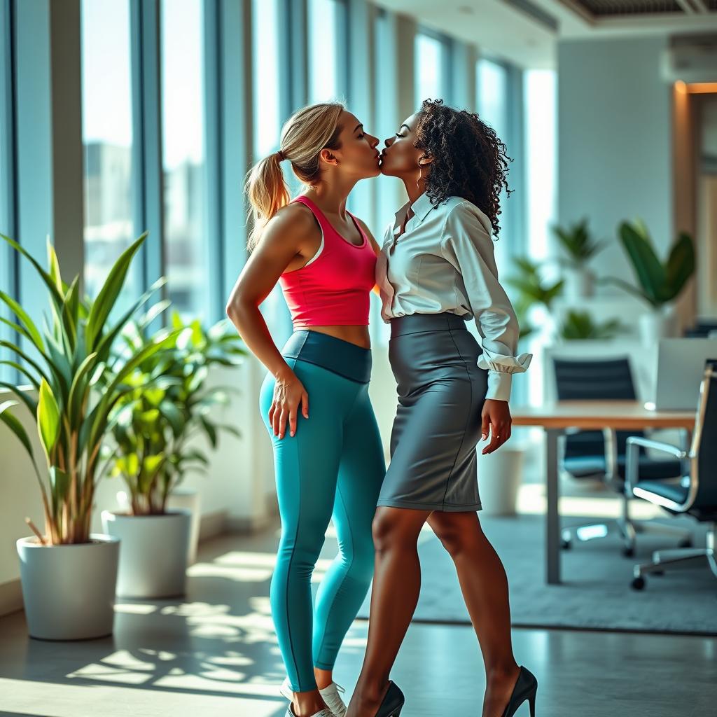 An intimate scene capturing two women sharing a kiss in a stylish modern office