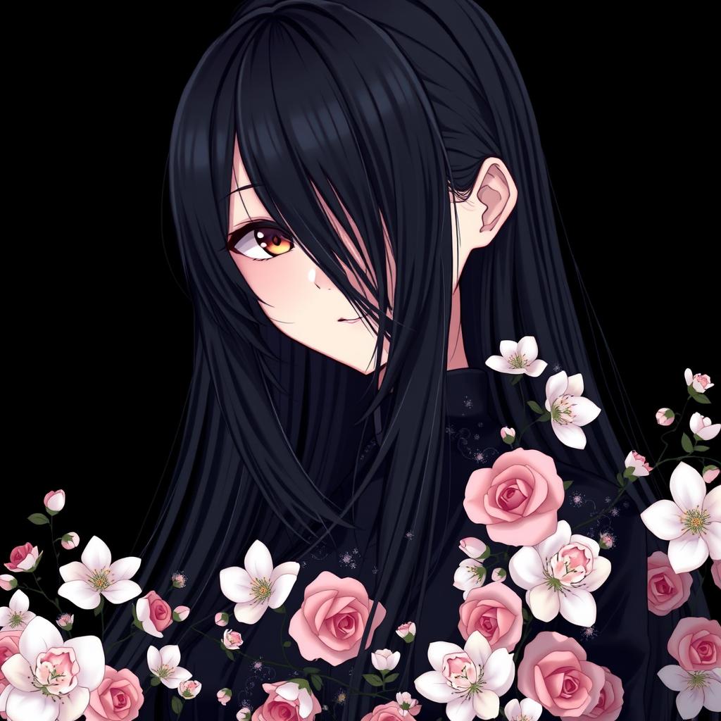 An anime beautiful girl with long black hair partially covering her face, revealing her captivating hazel eyes