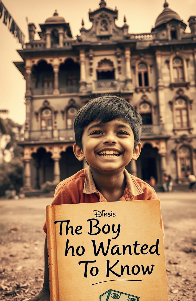 A happy Indian and Telugu boy joyfully playing in the foreground of the image, with an expression of curiosity on his face