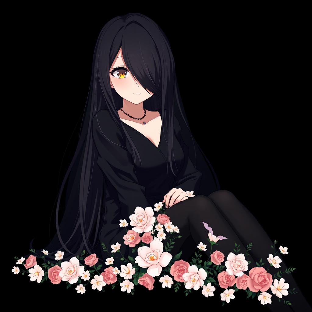 An anime beautiful girl with long black hair that partially covers her face, showcasing her alluring hazel eyes