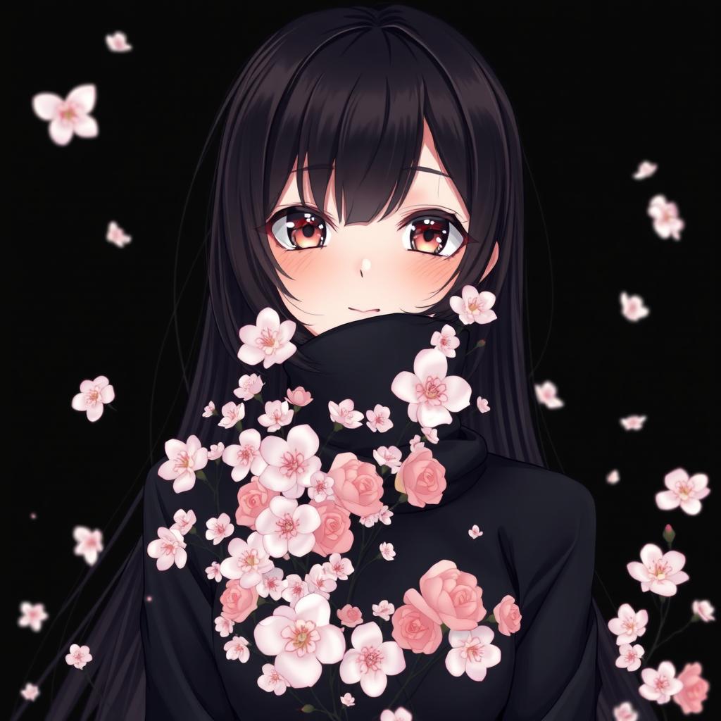 An anime beautiful girl with long black hair, partially covering her face, and captivating hazel eyes, set against a deep black background
