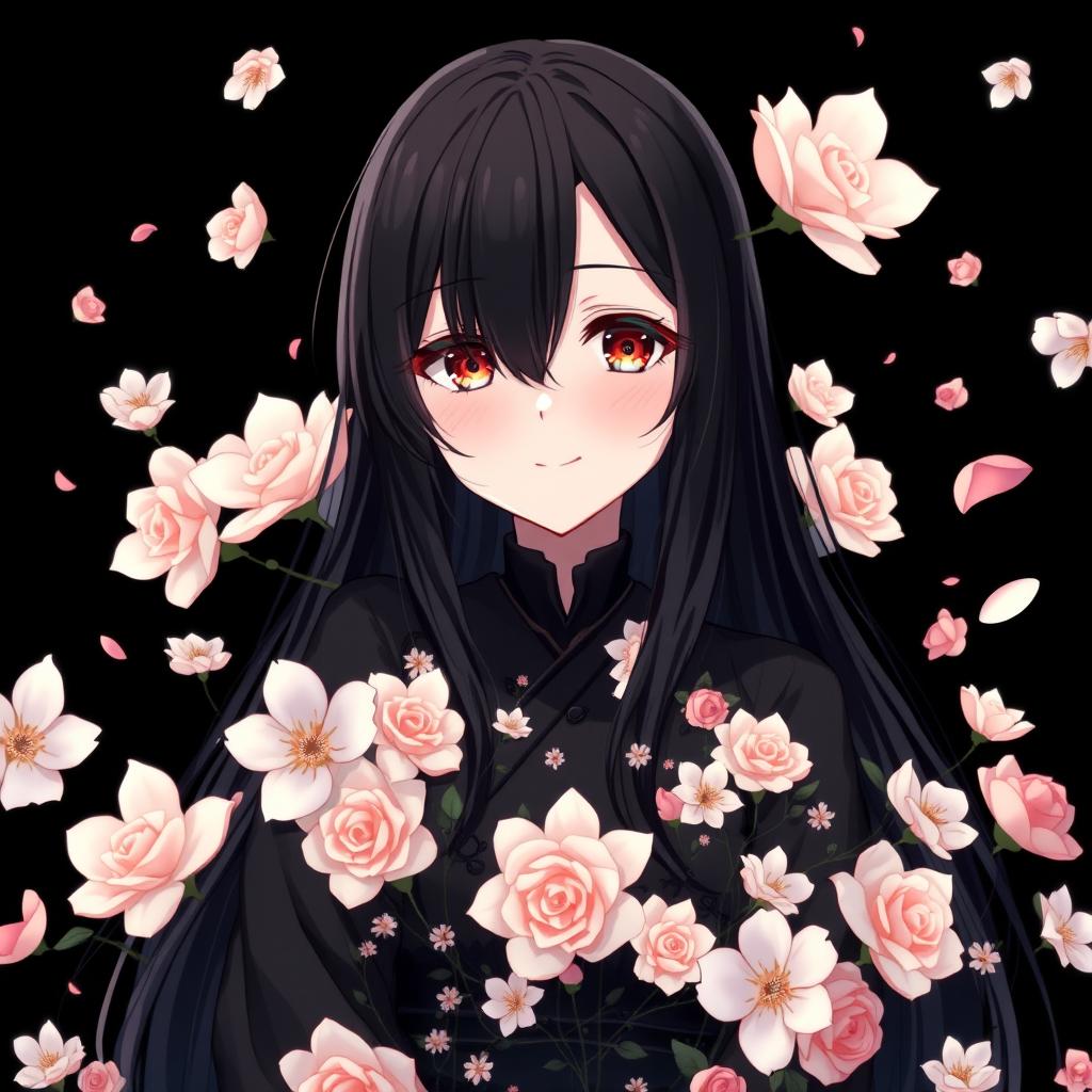 An anime beautiful girl with long black hair, partially covering her face, and mesmerizing hazel eyes, set against a deep black background that adds to the drama of the scene