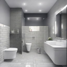 An elegant grey bathroom featuring one wall entirely covered in white glossy bricks.