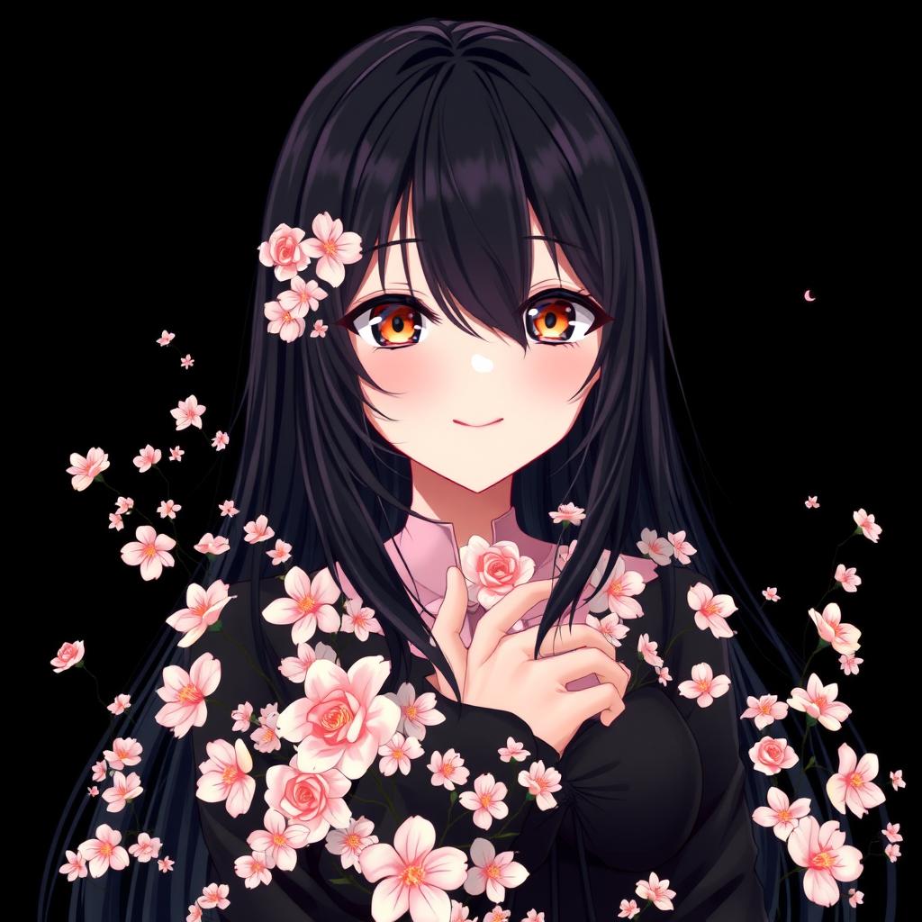 An anime beautiful girl with long black hair that partially obscures her face, highlighted by her enchanting hazel eyes, positioned in front of a rich black background