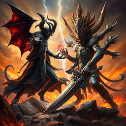 A dramatic fantasy battle scene featuring Azazel, a powerful demon with dark, flowing robes and menacing horns, facing off against Ravana, a multi-headed demon king with elaborate armor and a fierce expression