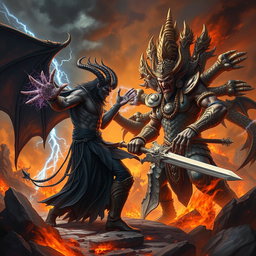 A dramatic fantasy battle scene featuring Azazel, a powerful demon with dark, flowing robes and menacing horns, facing off against Ravana, a multi-headed demon king with elaborate armor and a fierce expression
