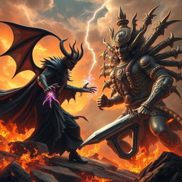 A dramatic fantasy battle scene featuring Azazel, a powerful demon with dark, flowing robes and menacing horns, facing off against Ravana, a multi-headed demon king with elaborate armor and a fierce expression
