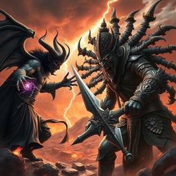 A dramatic fantasy battle scene featuring Azazel, a powerful demon with dark, flowing robes and menacing horns, facing off against Ravana, a multi-headed demon king with elaborate armor and a fierce expression