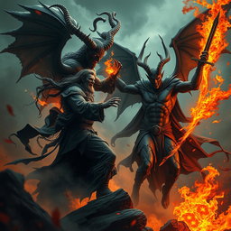 An epic confrontation between Azazel, depicted with dark, flowing robes, fearsome horns, and a sinister aura, and Satan, portrayed as a powerful figure with striking features, fiery eyes, and bat-like wings