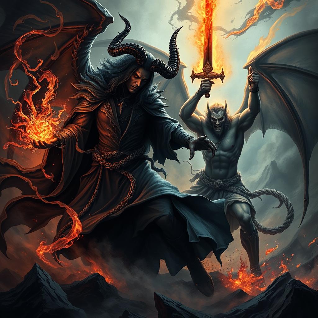 An epic confrontation between Azazel, depicted with dark, flowing robes, fearsome horns, and a sinister aura, and Satan, portrayed as a powerful figure with striking features, fiery eyes, and bat-like wings