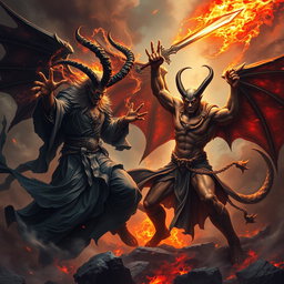 An epic confrontation between Azazel, depicted with dark, flowing robes, fearsome horns, and a sinister aura, and Satan, portrayed as a powerful figure with striking features, fiery eyes, and bat-like wings