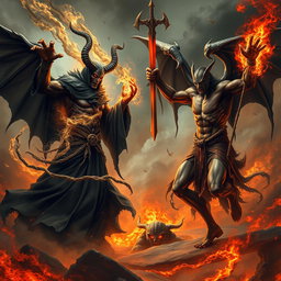 An epic confrontation between Azazel, depicted with dark, flowing robes, fearsome horns, and a sinister aura, and Satan, portrayed as a powerful figure with striking features, fiery eyes, and bat-like wings