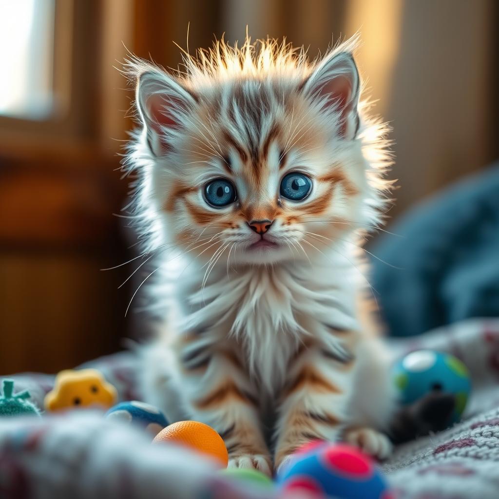 A beautiful, fluffy kitten with soft, shiny fur, big sparkling blue eyes, and a playful expression