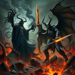 An epic showdown between Azazel, depicted as a tall, dark figure with long, flowing robes and fierce horns, and Satan, portrayed as an imposing entity with sharp features, fiery eyes, and large, bat-like wings