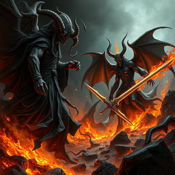An epic showdown between Azazel, depicted as a tall, dark figure with long, flowing robes and fierce horns, and Satan, portrayed as an imposing entity with sharp features, fiery eyes, and large, bat-like wings