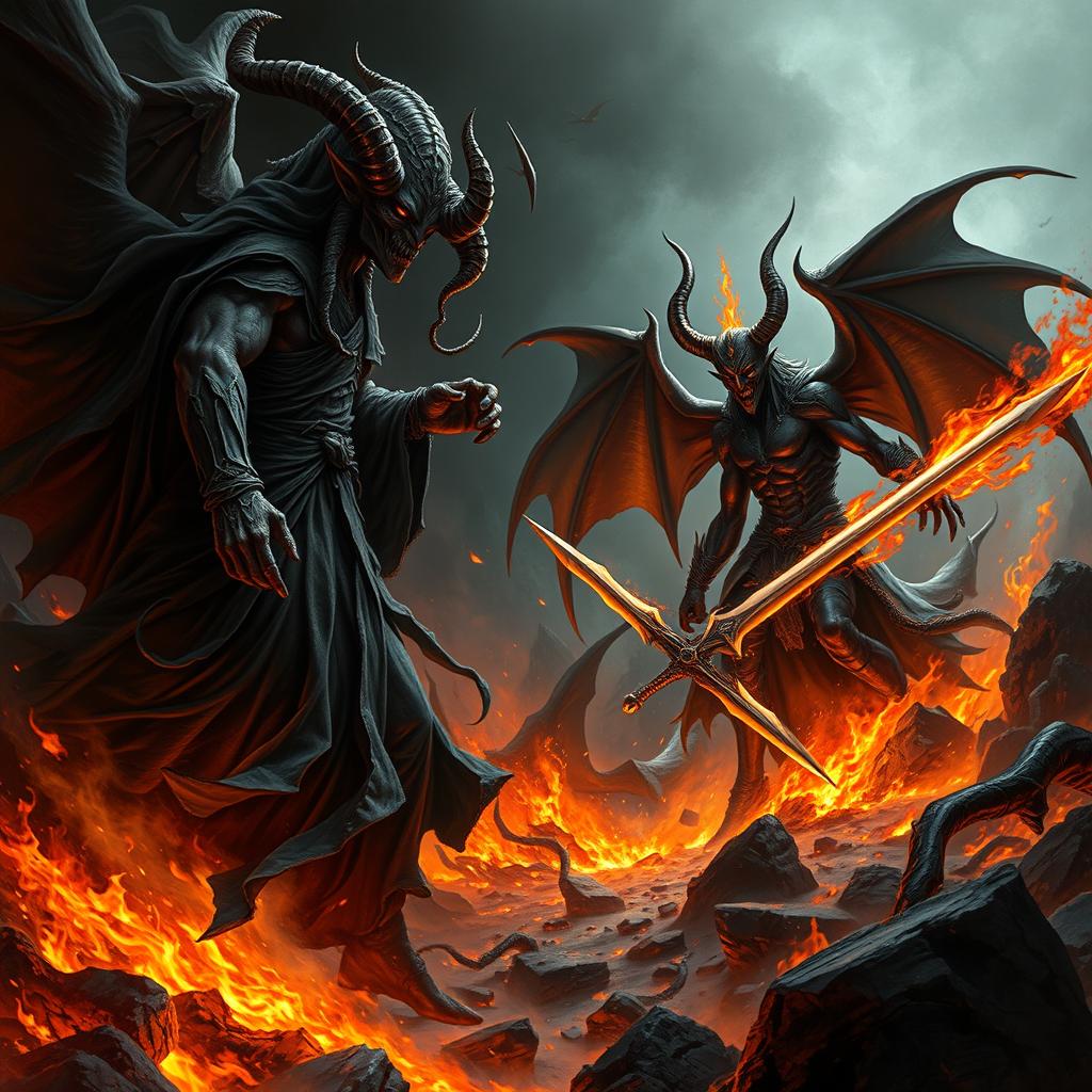 An epic showdown between Azazel, depicted as a tall, dark figure with long, flowing robes and fierce horns, and Satan, portrayed as an imposing entity with sharp features, fiery eyes, and large, bat-like wings