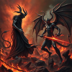 An epic showdown between Azazel, depicted as a tall, dark figure with long, flowing robes and fierce horns, and Satan, portrayed as an imposing entity with sharp features, fiery eyes, and large, bat-like wings