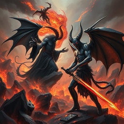 An epic showdown between Azazel, depicted as a tall, dark figure with long, flowing robes and fierce horns, and Satan, portrayed as an imposing entity with sharp features, fiery eyes, and large, bat-like wings