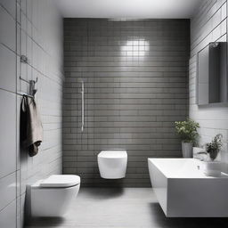 A sophisticated grey bathroom with one wall composed of vertical white glossy bricks.