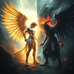 An intense showdown between Lucifer, depicted as a majestic figure with radiant wings, exuding a sense of beauty and charm, versus Satan, portrayed as a dark and brooding entity with ominous features and fierce eyes