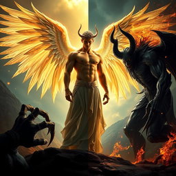 An intense showdown between Lucifer, depicted as a majestic figure with radiant wings, exuding a sense of beauty and charm, versus Satan, portrayed as a dark and brooding entity with ominous features and fierce eyes