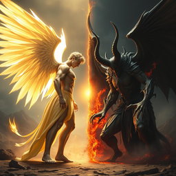 An intense showdown between Lucifer, depicted as a majestic figure with radiant wings, exuding a sense of beauty and charm, versus Satan, portrayed as a dark and brooding entity with ominous features and fierce eyes