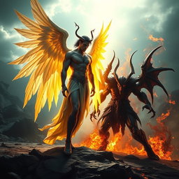 An intense showdown between Lucifer, depicted as a majestic figure with radiant wings, exuding a sense of beauty and charm, versus Satan, portrayed as a dark and brooding entity with ominous features and fierce eyes