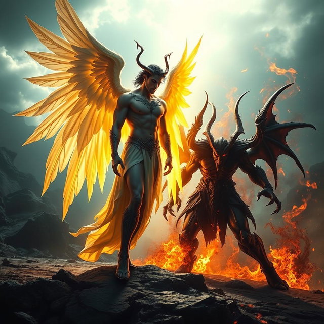An intense showdown between Lucifer, depicted as a majestic figure with radiant wings, exuding a sense of beauty and charm, versus Satan, portrayed as a dark and brooding entity with ominous features and fierce eyes