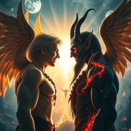 A dramatic confrontation scene depicting Lucifer and Satan facing each other, both dramatically lit to highlight their contrasting natures