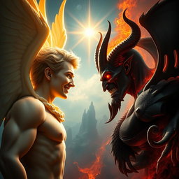 A dramatic confrontation scene depicting Lucifer and Satan facing each other, both dramatically lit to highlight their contrasting natures