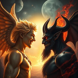 A dramatic confrontation scene depicting Lucifer and Satan facing each other, both dramatically lit to highlight their contrasting natures