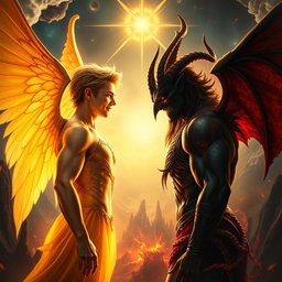 A dramatic confrontation scene depicting Lucifer and Satan facing each other, both dramatically lit to highlight their contrasting natures