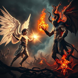 A dramatic battle scene featuring Lucifer and Satan facing off against each other in an epic war