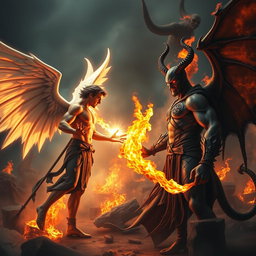 A dramatic battle scene featuring Lucifer and Satan facing off against each other in an epic war