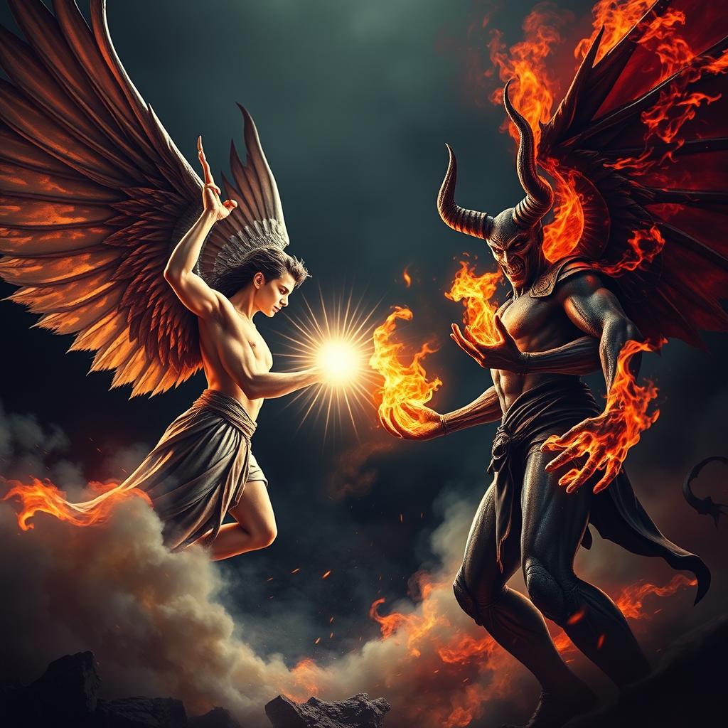 A dramatic battle scene featuring Lucifer and Satan facing off against each other in an epic war