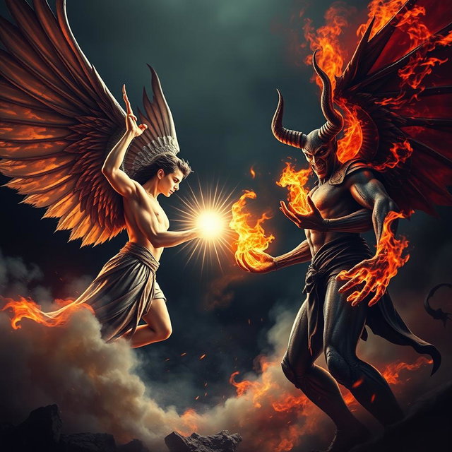 A dramatic battle scene featuring Lucifer and Satan facing off against each other in an epic war