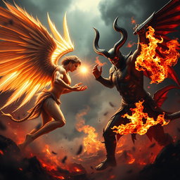 A dramatic battle scene featuring Lucifer and Satan facing off against each other in an epic war