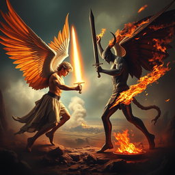 An epic battle scene showcasing Lucifer and Satan facing off against each other, both brandishing powerful weapons as they prepare to engage in fierce combat