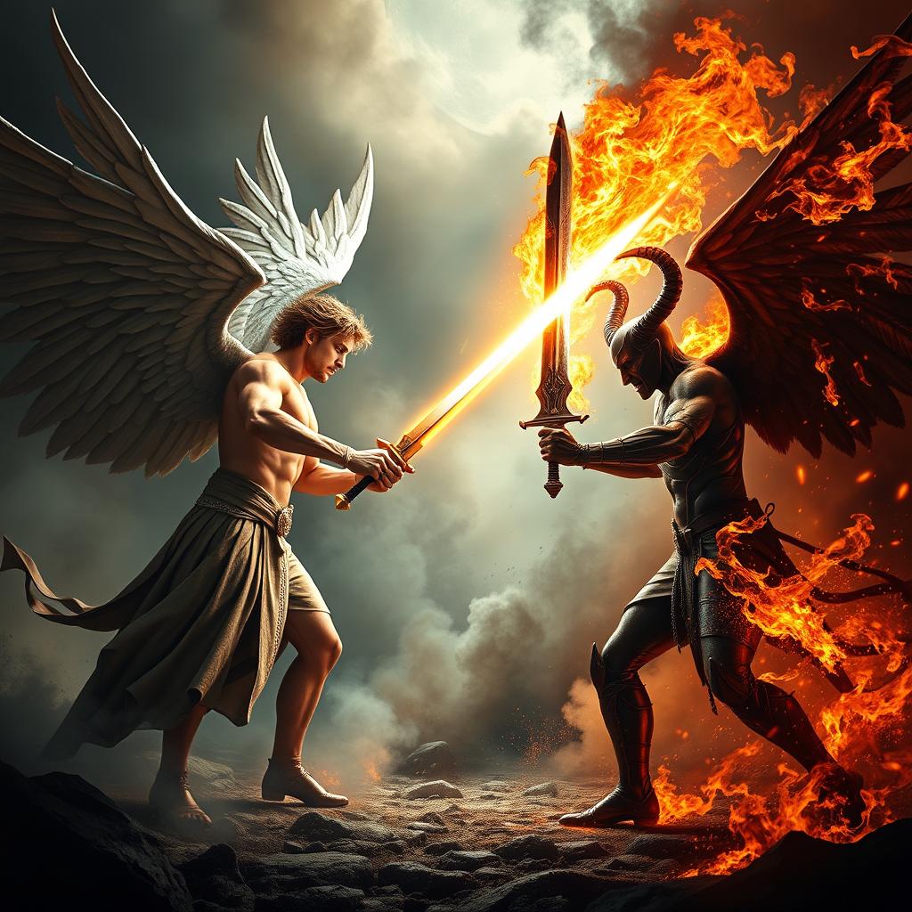 An epic battle scene showcasing Lucifer and Satan facing off against each other, both brandishing powerful weapons as they prepare to engage in fierce combat
