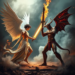 An epic battle scene showcasing Lucifer and Satan facing off against each other, both brandishing powerful weapons as they prepare to engage in fierce combat