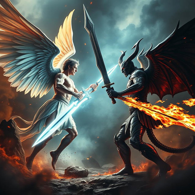 An epic battle scene showcasing Lucifer and Satan facing off against each other, both brandishing powerful weapons as they prepare to engage in fierce combat