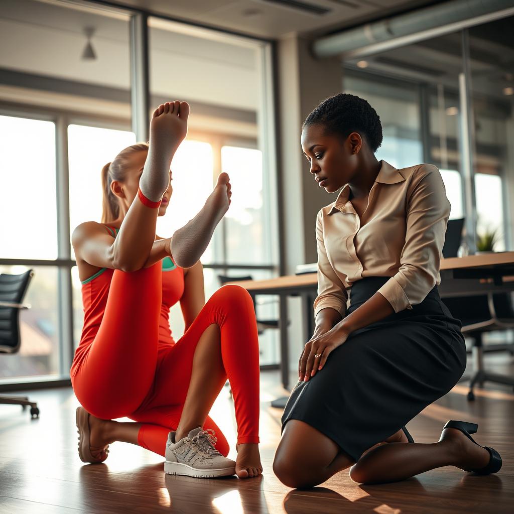 An intimate and alluring scene set in a stylish modern office where one woman is focused on the feet of another woman who is playfully dangling her foot