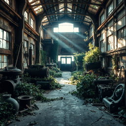 A post-apocalyptic factory setting, overgrown with nature, rusted machinery scattered throughout, faded remnants of past industrial life