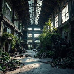 A post-apocalyptic factory setting, overgrown with nature, rusted machinery scattered throughout, faded remnants of past industrial life