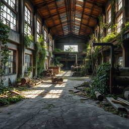 A post-apocalyptic factory setting, overgrown with nature, rusted machinery scattered throughout, faded remnants of past industrial life