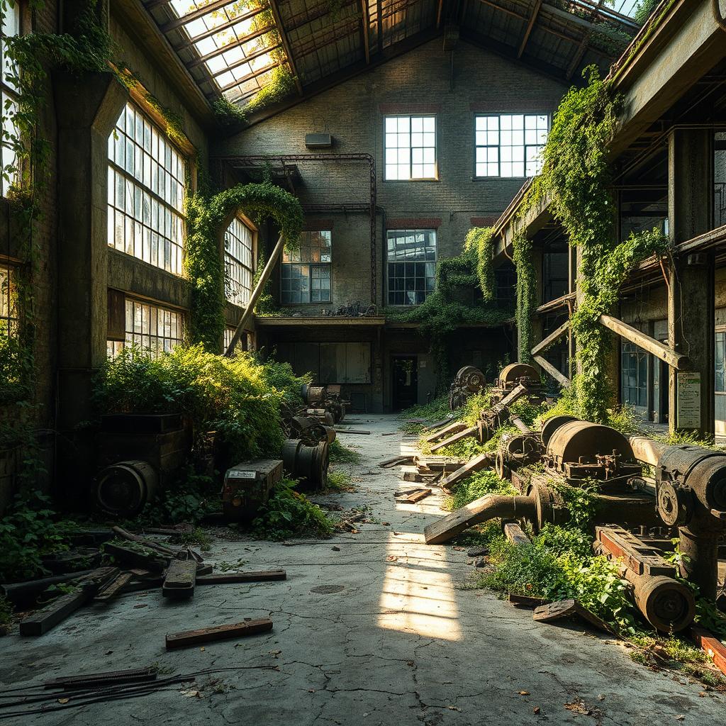 A post-apocalyptic factory setting, overgrown with nature, rusted machinery scattered throughout, faded remnants of past industrial life
