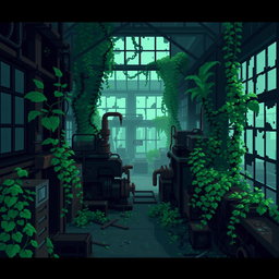 A pixel art depiction of a post-apocalyptic factory, characterized by pixelated graphics