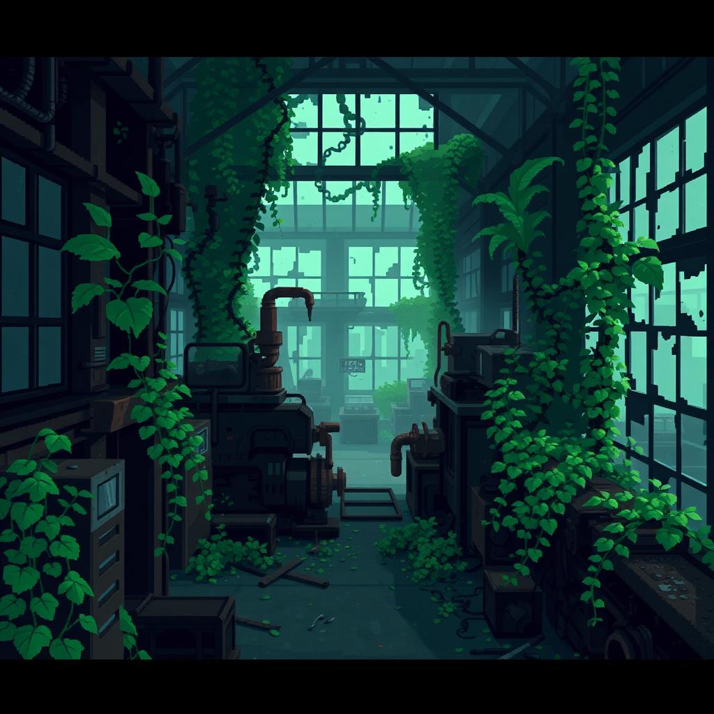 A pixel art depiction of a post-apocalyptic factory, characterized by pixelated graphics