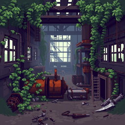 A pixel art depiction of a post-apocalyptic factory, characterized by pixelated graphics